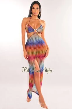 Multi Color Ribbed Halter O-Ring Cut Out Cover Up Slit Dress