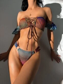 Multi Color Ribbed Off Shoulder Lace Up Strappy O-Ring Bikini -rehab shop multi color ribbed off shoulder lace up strappy o ring bikini hot miami styles 176622