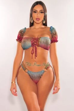 Multi Color Ribbed Off Shoulder Lace Up Strappy O-Ring Bikini -rehab shop multi color ribbed off shoulder lace up strappy o ring bikini hot miami styles 311209
