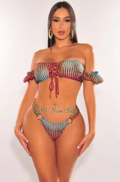 Multi Color Ribbed Off Shoulder Lace Up Strappy O-Ring Bikini