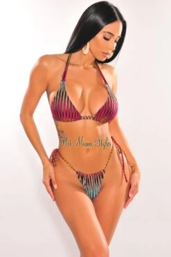 Multi Color Ribbed Padded Triangle Top Tie Up Bikini