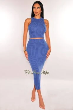 Navy Ribbed Racerback Skirt Two Piece Set