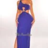 Navy Shimmery One Shoulder O-Ring Cut Out Slit Maxi Dress