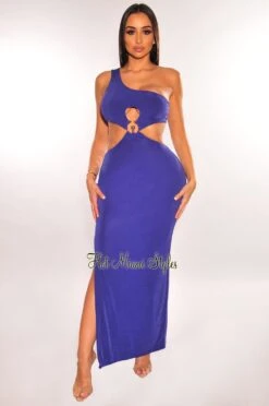Navy Shimmery One Shoulder O-Ring Cut Out Slit Maxi Dress