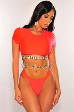 Neon Coral Diamond Cut Out Crop Top Bikini