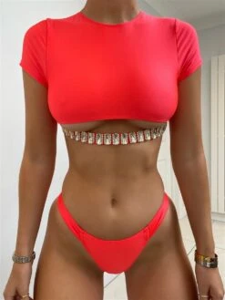 Neon Coral Diamond Cut Out Crop Top Bikini -rehab shop neon coral diamond cut out crop top bikini hot miami styles 945875