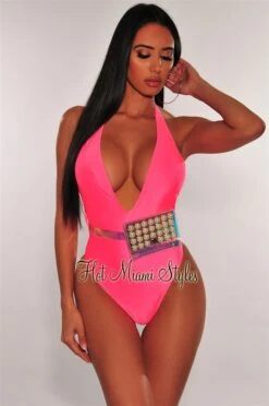 Neon Pink Iridescent Pearl Fanny Pack Belted Swimsuit