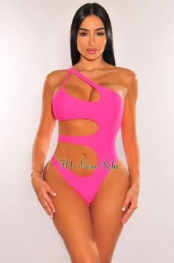 Neon Pink One Shoulder Cut Out Swimsuit