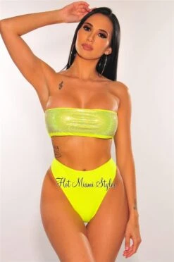 Neon Yellow Silver Rhinestone Bandeau High Waist Bikini