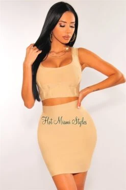 Nude Bandage Tank Faux Bustier Skirt Two Piece Set