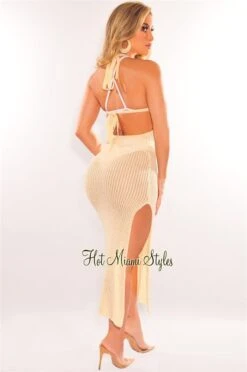 Nude Crochet Halter Tie Up Back Slit Cover Up Dress -rehab shop nude crochet halter tie up back slit cover up dress hot miami styles 784321