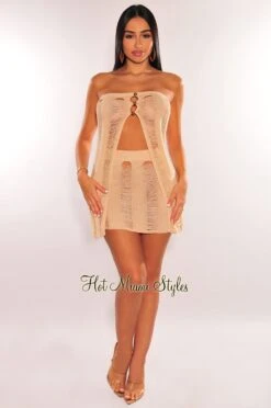 Nude Crochet Ladder Strapless Slit Top Skirt Two Piece Set -rehab shop nude crochet ladder strapless slit top skirt two piece set hot miami styles 342862