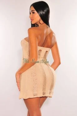 Nude Crochet Ladder Strapless Slit Top Skirt Two Piece Set -rehab shop nude crochet ladder strapless slit top skirt two piece set hot miami styles 425101