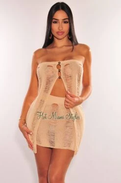 Nude Crochet Ladder Strapless Slit Top Skirt Two Piece Set