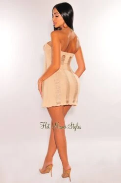 Nude Crochet Ladder Strapless Slit Top Skirt Two Piece Set -rehab shop nude crochet ladder strapless slit top skirt two piece set hot miami styles 784797