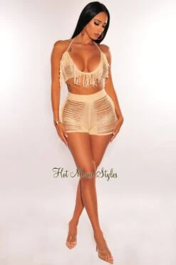 Nude Halter Crochet Ladder Fringe Cover Up Shorts Two Piece Set -rehab shop nude halter crochet ladder fringe cover up shorts two piece set hot miami styles 706347