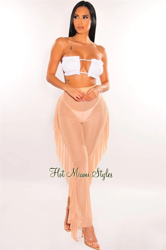 Nude Mesh High Waist Ruffle Sides Pants Cover Up Pants 3 Nude Mesh High Waist Ruffle Sides Pants Cover Up Pants