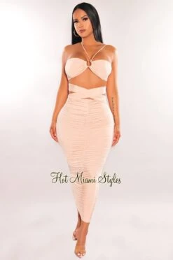 Nude O-Ring Wrap Around Ruched Skirt Two Piece Set
