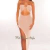 Nude Shimmery Halter Cut Out Slit Maxi Dress -rehab shop nude shimmery halter cut out slit maxi dress hot miami styles 921463