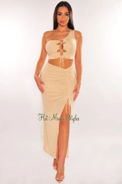 Nude Shimmery One Shoulder Lace Up Slit Skirt Two Piece Set