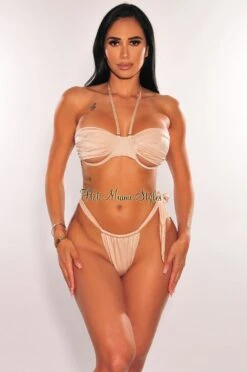 Nude Shimmery Underwire Bandeau Cut Out High Rise Tie Up Bikini