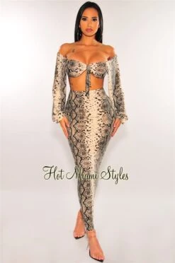 Nude Snake Print Off Shoulder Long Sleeves Skirt Two Piece Set