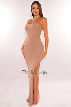 Nude Spaghetti Straps Slit Maxi Dress