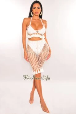 Off White Crochet Halter Fringe Hem Skirt Two Piece Set Cover Up -rehab shop off white crochet halter fringe hem skirt two piece set cover up hot miami styles 333604