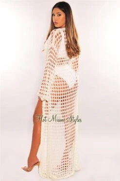 Off White Knit Crochet Long Sleeve Tie Up Maxi Cover Up -rehab shop off white knit crochet long sleeve tie up maxi cover up hot miami styles 476270