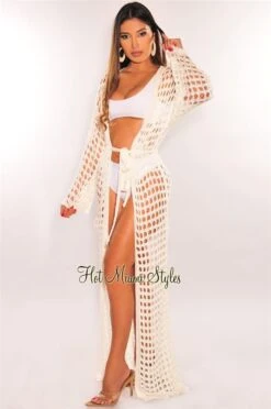 Off White Knit Crochet Long Sleeve Tie Up Maxi Cover Up