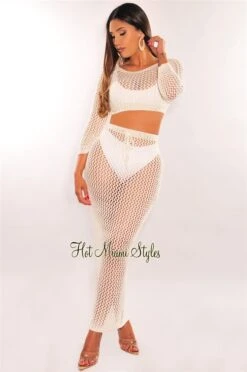 Off White Knit Crochet Long Sleeves Skirt Two Piece Set Cover Up