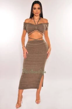 Olive Green Ribbed Knit Halter Off Shoulder Wrap Around Slit Skirt Two Piece Set