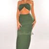 Olive Green Smocked Halter Ruched High Waist Skirt Two Piece Set