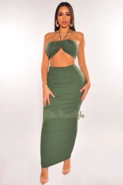 Olive Green Smocked Halter Ruched High Waist Skirt Two Piece Set
