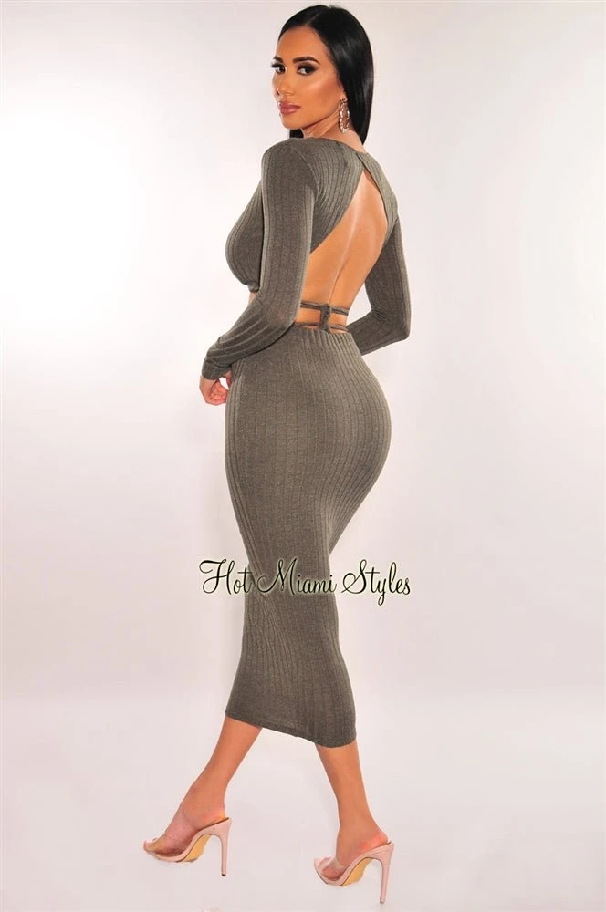 Olive Ribbed Knit Wrap Around Skirt Two Piece Set 4 Olive Ribbed Knit Wrap Around Skirt Two Piece Set - Image 2