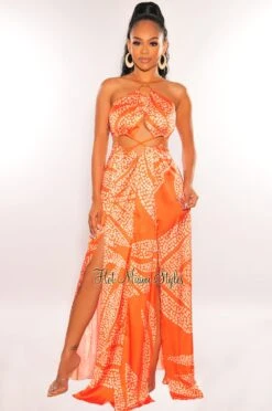 Orange Animal Print O-Ring Cord Cut Out Double Slit Maxi Dress