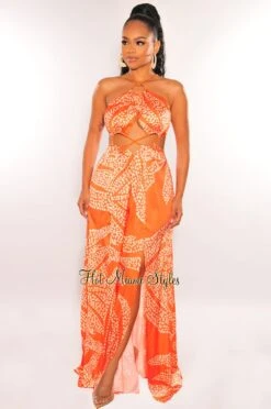 Orange Animal Print O-Ring Cord Cut Out Double Slit Maxi Dress -rehab shop orange animal print o ring cord cut out double slit maxi dress hot miami styles 593514