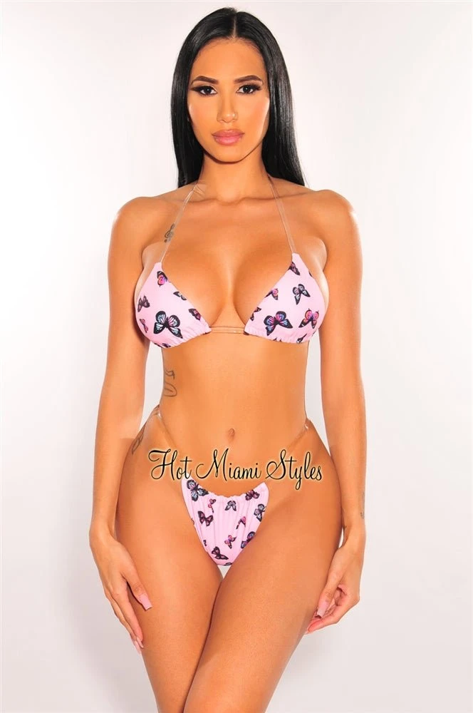 Pink Butterfly Print Padded Halter Clear Strap Bikini 3 Pink Butterfly Print Padded Halter Clear Strap Bikini