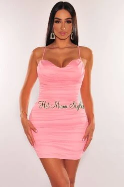 Pink Mesh Drape Padded Spaghetti Strap Ruched Mini Dress