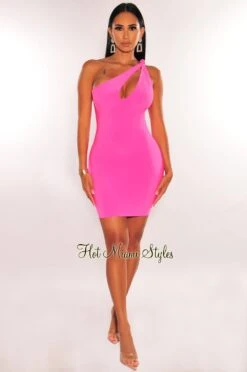 Pink One Shoulder Knotted Keyhole Mini Dress -rehab shop pink one shoulder knotted keyhole mini dress hot miami styles 194912