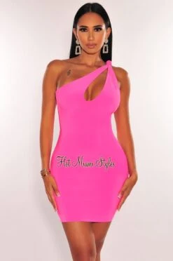 Pink One Shoulder Knotted Keyhole Mini Dress