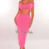 Pink Ribbed Knit Halter Off Shoulder Wrap Around Slit Skirt Two Piece Set -rehab shop pink ribbed knit halter off shoulder wrap around slit skirt two piece set hot miami styles 222848
