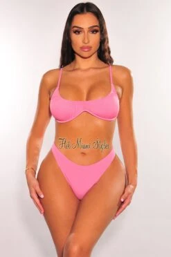 Pink Ribbed Padded Spaghetti Straps Underwire Bikini