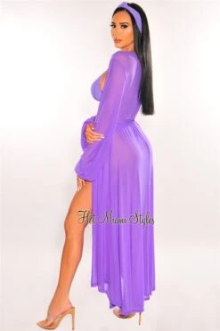 Purple Mesh Long Sleeves Belted Maxi Cover Up -rehab shop purple mesh long sleeves belted maxi cover up hot miami styles 671206
