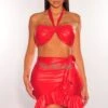 Red Faux Leather Halter Ruffle Tie Up Skirt Two Piece Set -rehab shop red faux leather halter ruffle tie up skirt two piece set hot miami styles 389308