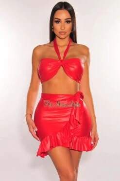 Red Faux Leather Halter Ruffle Tie Up Skirt Two Piece Set