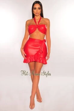Red Faux Leather Halter Ruffle Tie Up Skirt Two Piece Set -rehab shop red faux leather halter ruffle tie up skirt two piece set hot miami styles 491360