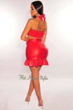 Red Faux Leather Halter Ruffle Tie Up Skirt Two Piece Set -rehab shop red faux leather halter ruffle tie up skirt two piece set hot miami styles 670368