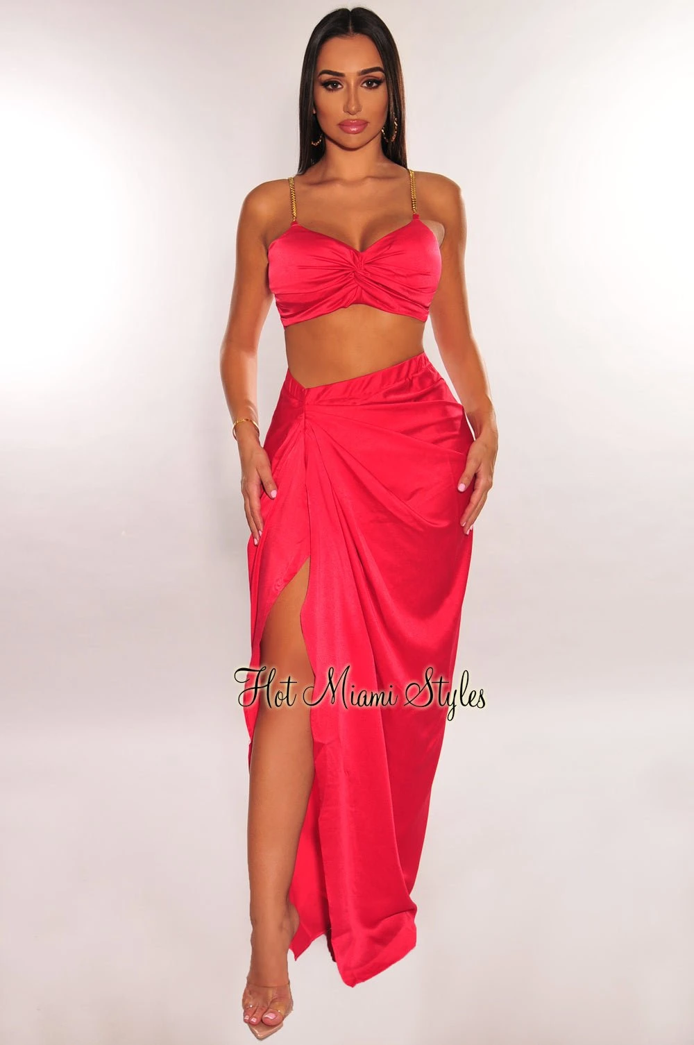 Red Gold Chain Padded Knotted Slit Skirt Two Piece Set 3 Red Gold Chain Padded Knotted Slit Skirt Two Piece Set