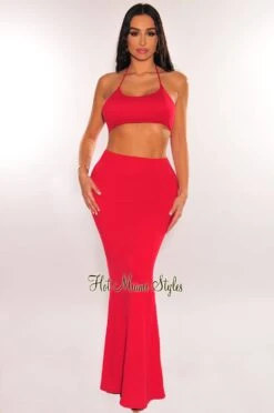 Red Halter Cut Out Mermaid Maxi Dress